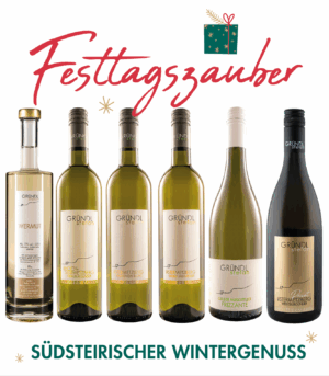 Weinpaket Festtagszauber – Südsteirischer Wintergenuss mit sechs Flaschen: Wermut, Grauburgunder, Sauvignon Blanc, Gelber Muskateller, Frizzante, Weissburgunder Privat.