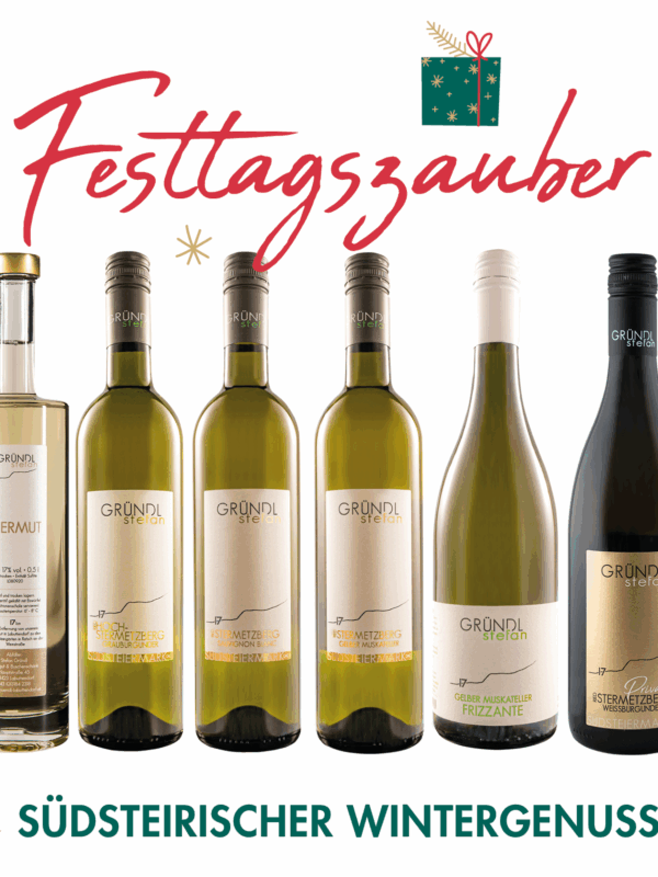 Weinpaket Festtagszauber – Südsteirischer Wintergenuss mit sechs Flaschen: Wermut, Grauburgunder, Sauvignon Blanc, Gelber Muskateller, Frizzante, Weissburgunder Privat.