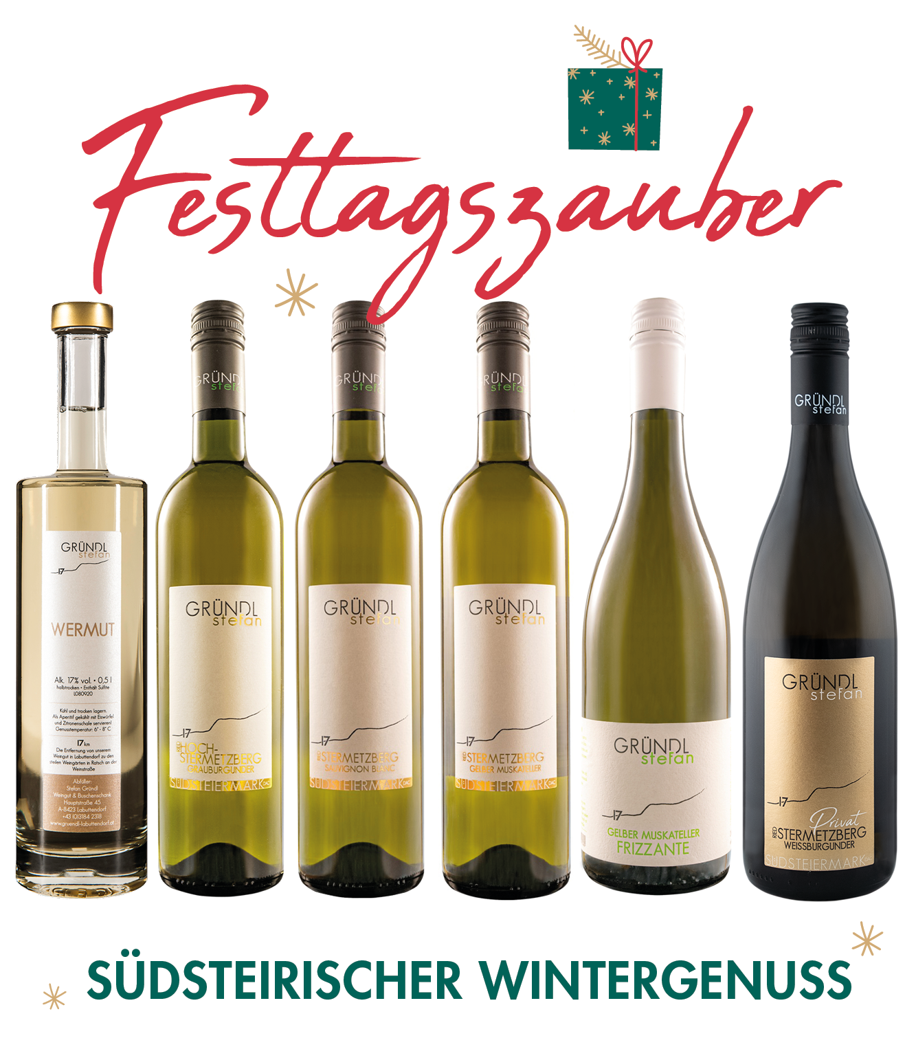 Weinpaket Festtagszauber – Südsteirischer Wintergenuss mit sechs Flaschen: Wermut, Grauburgunder, Sauvignon Blanc, Gelber Muskateller, Frizzante, Weissburgunder Privat.